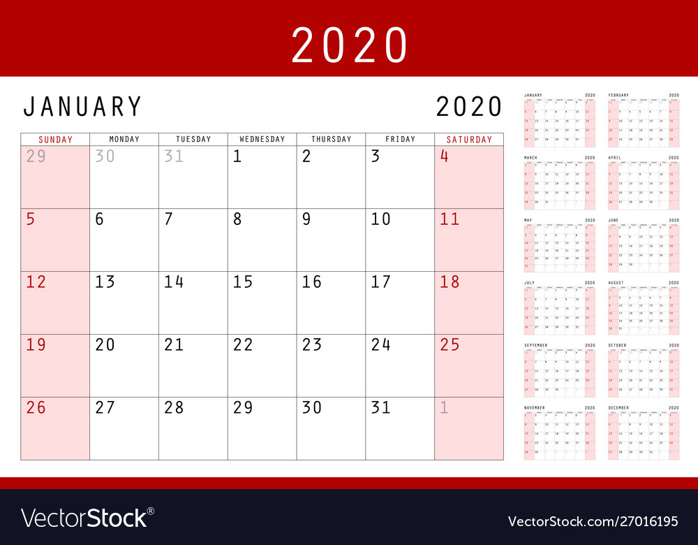 Red calendar 2020 basic grid simple design vector image Red calendar 2020 basic grid simple design