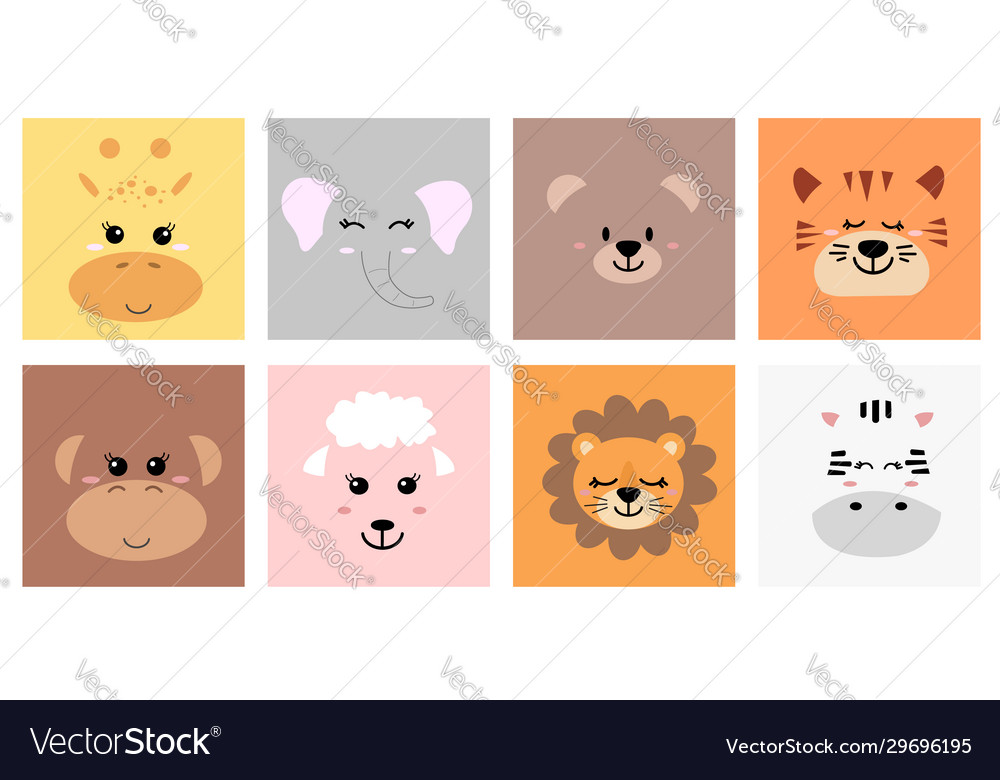 Set cute hand drawn smiling animals characters