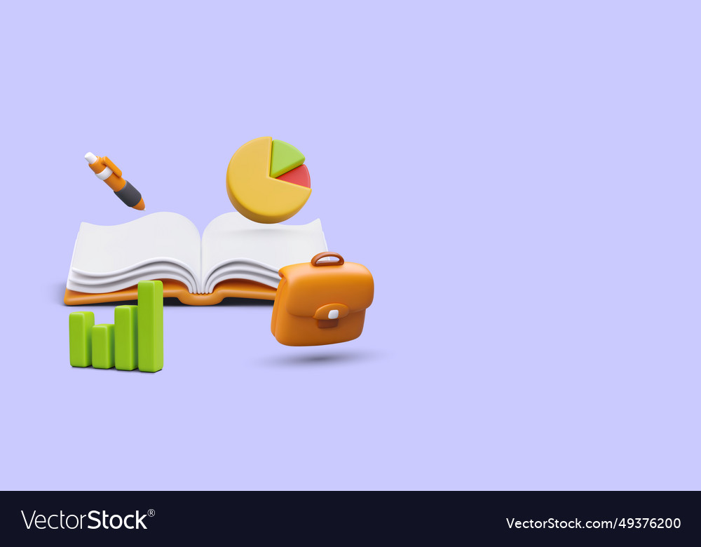 3d realistic open book with pen histogram and pie vector image 3d realistic open book with pen histogram and pie