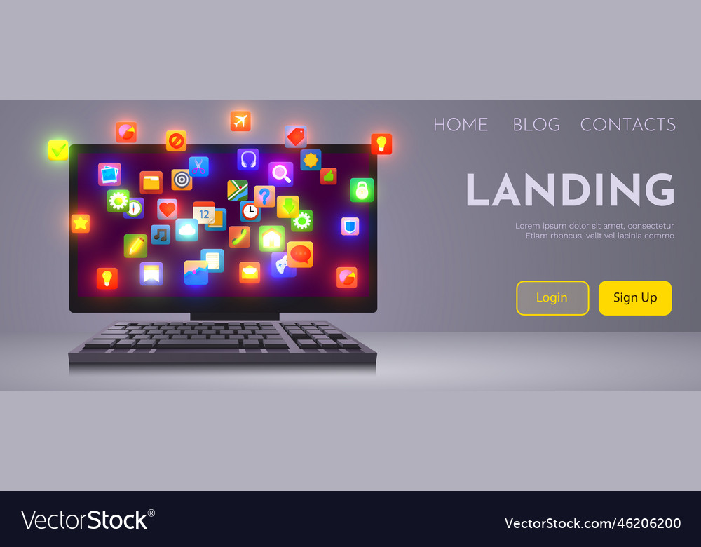 Computer with cloud of app icons on the screen