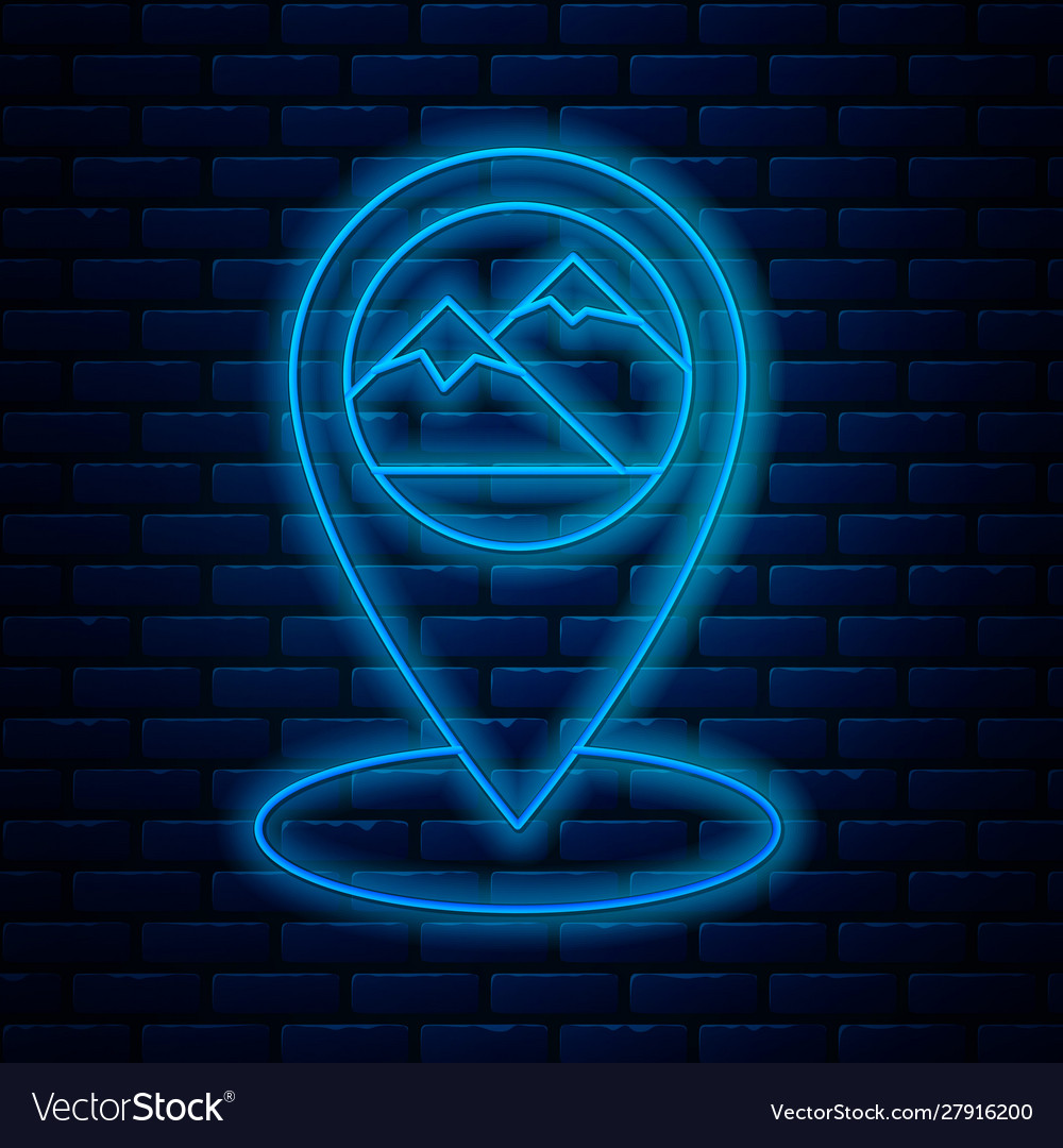 Glowing neon line map pointer with mountain icon vector image Glowing neon line map pointer with mountain icon