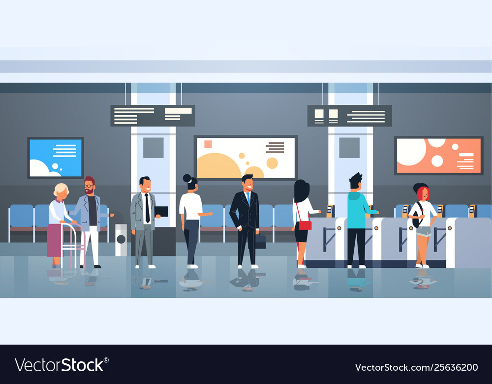 People standing line queue at automatic fare gate Vector Image