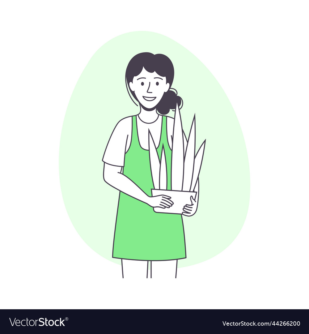 Woman character holding plant in pot growing