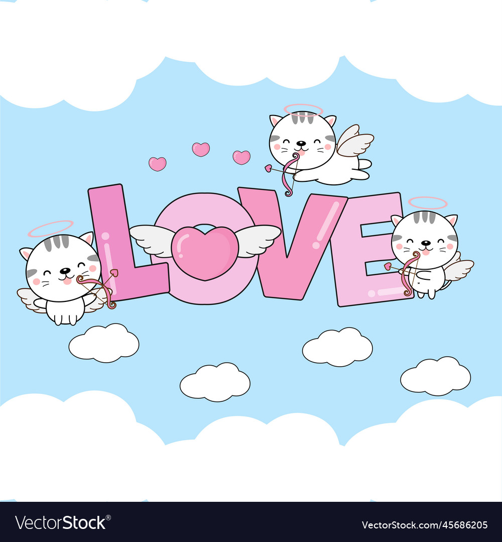 Cat cupids fly in the clouds with heart and love