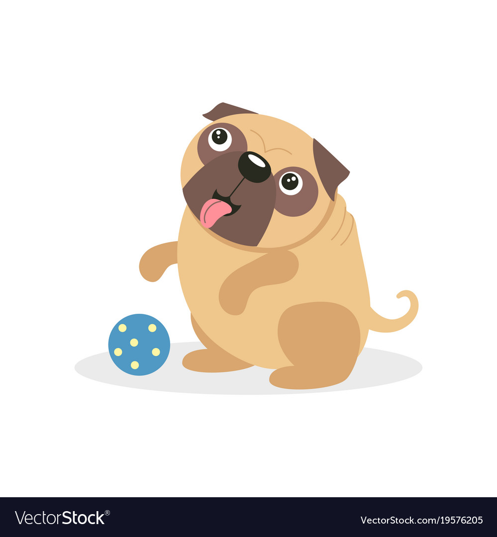 Cute pug dog character playing with a ball pet