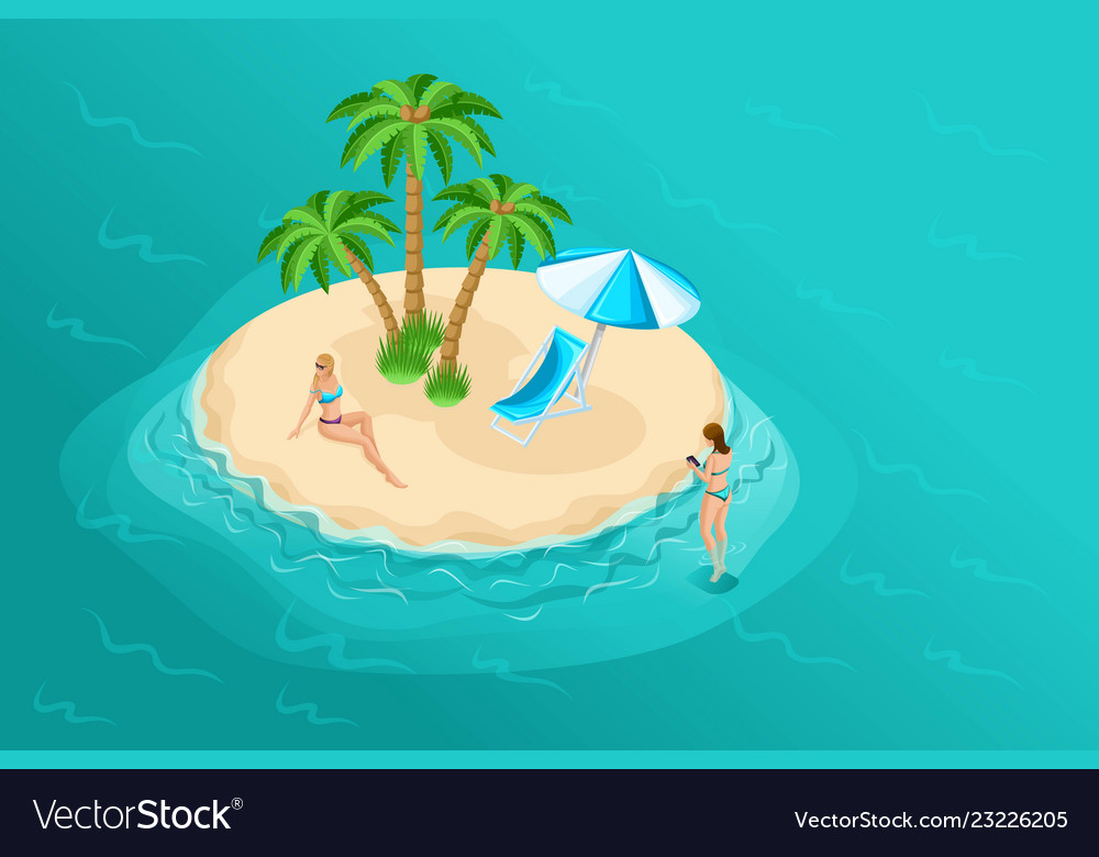 Isometric people 3d girl in bathing suits beach