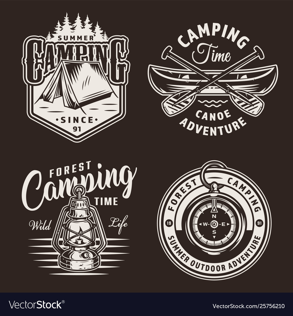 Vintage monochrome camping prints Royalty Free Vector Image