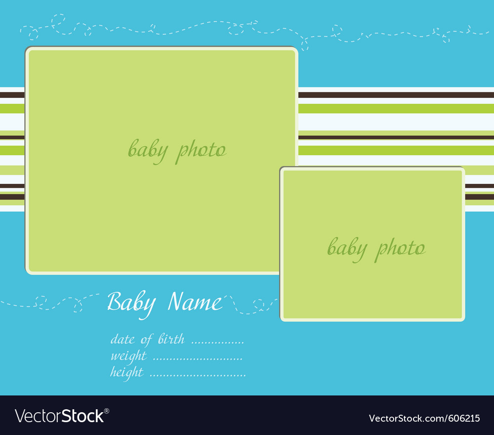 baby arrival blue green card with photo frames vector image