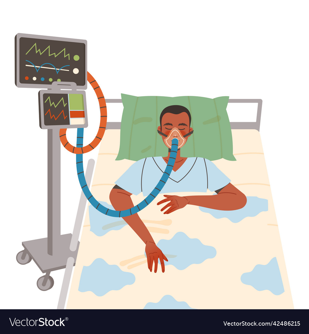 Man patient in hospital having artificial lung