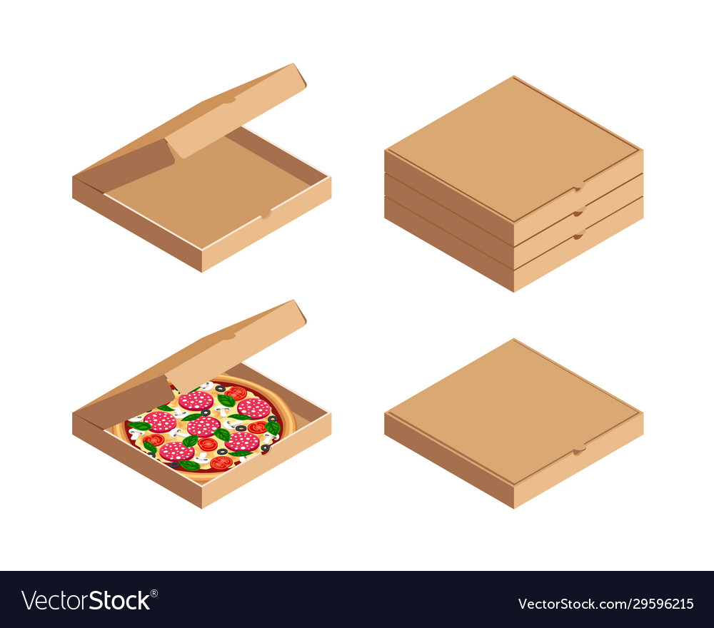 Tasty pizza in box isometric set