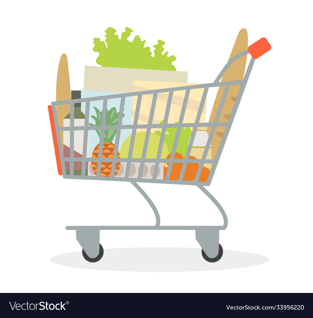 Grocery cart from supermarket with products