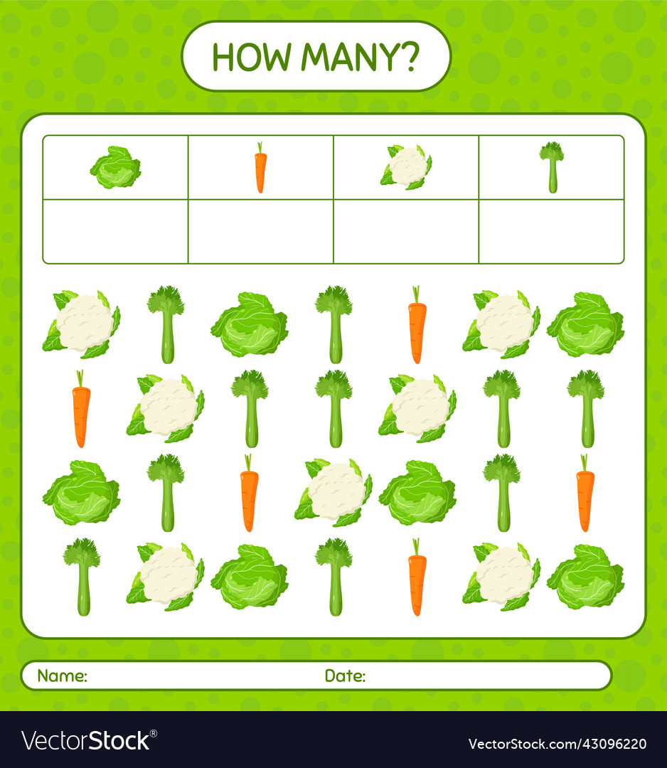 How many counting game with vegetables worksheet Vector Image How many counting game with vegetables worksheet