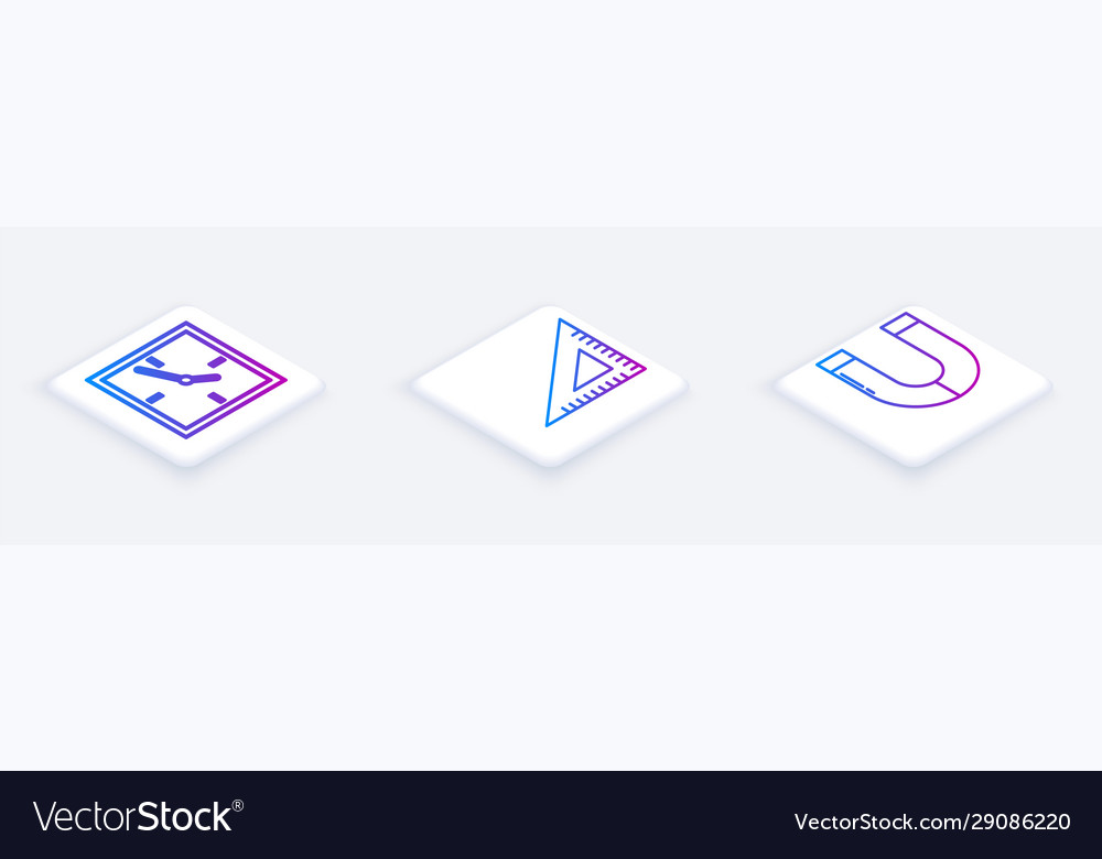 Set isometric line clock triangular ruler vector image Set isometric line clock triangular ruler