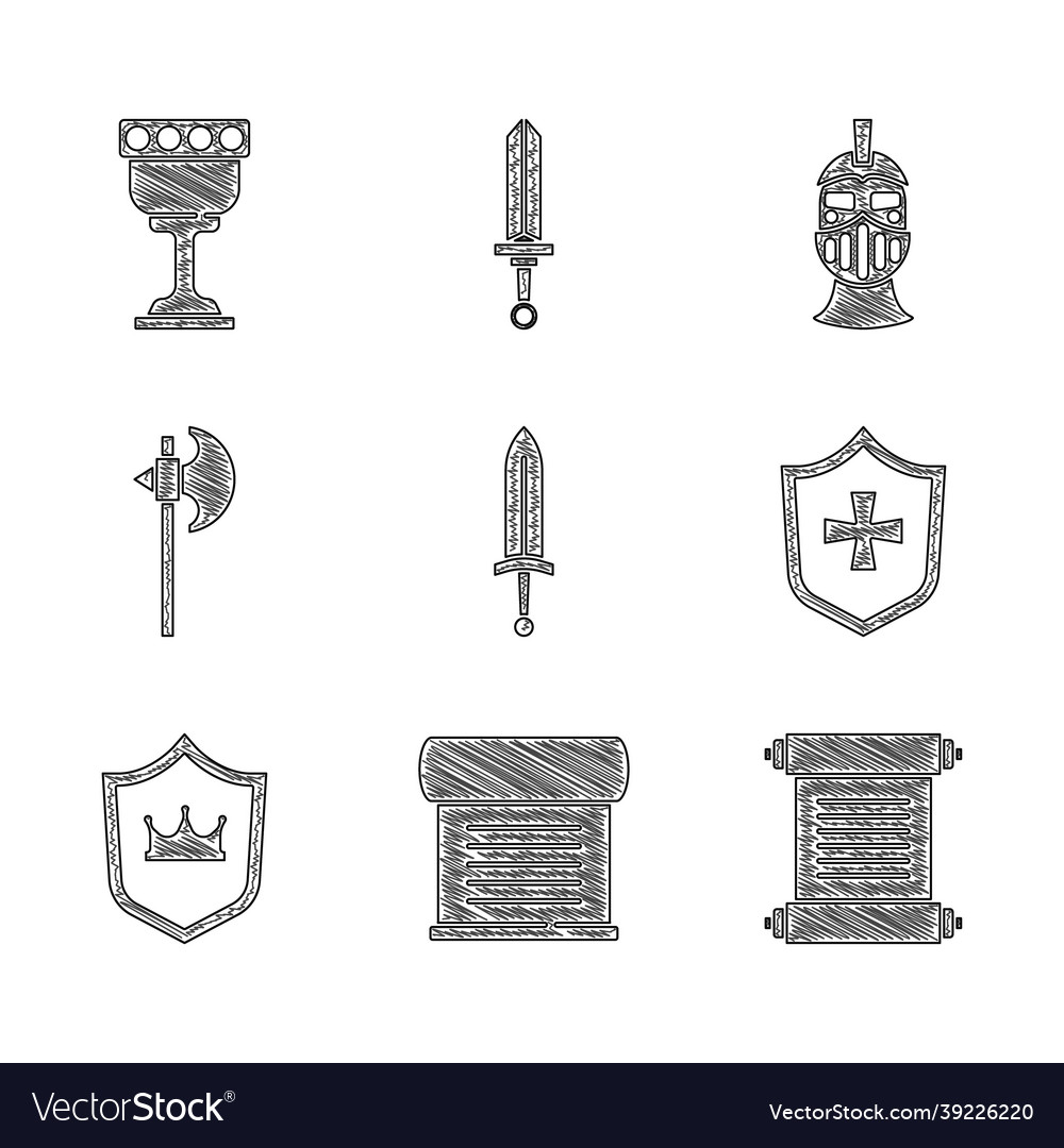 Set medieval sword decree parchment scroll Vector Image