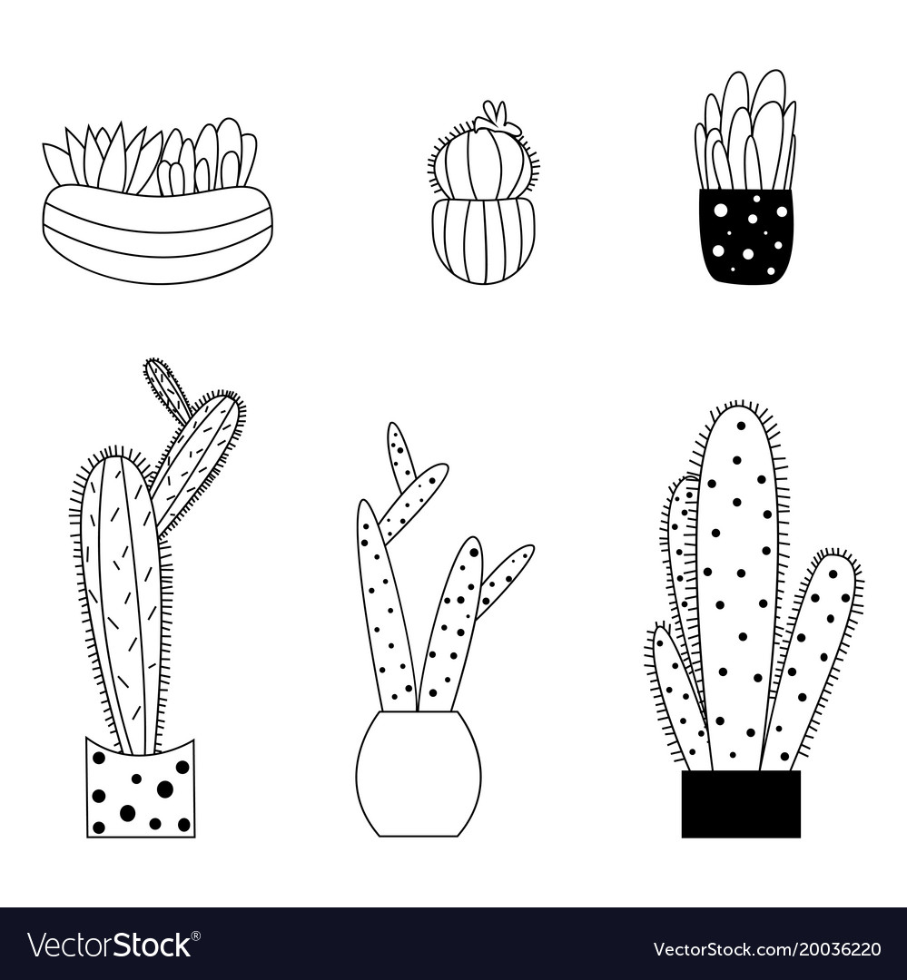 Set of cute cartoon style cactus and succulents