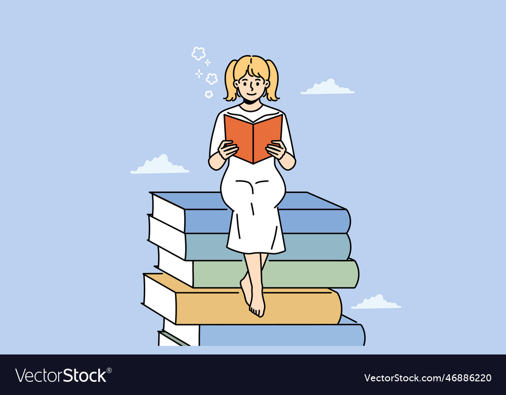 Smiling girl read book sitting on textbooks pile Vector Image