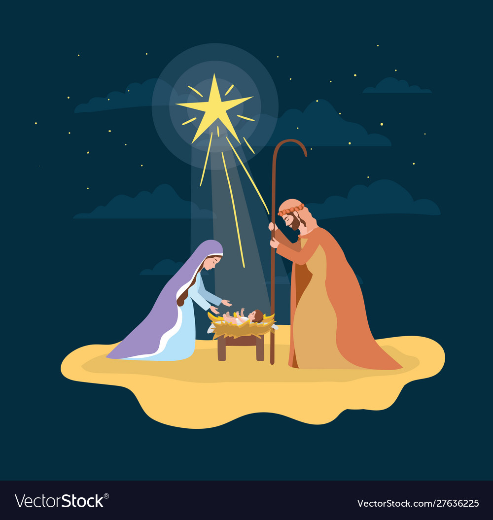 Cute holy family with jesus in straw cradle manger