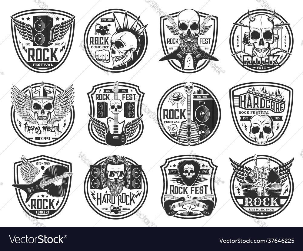 Heavy metal rock music engraved icons Royalty Free Vector