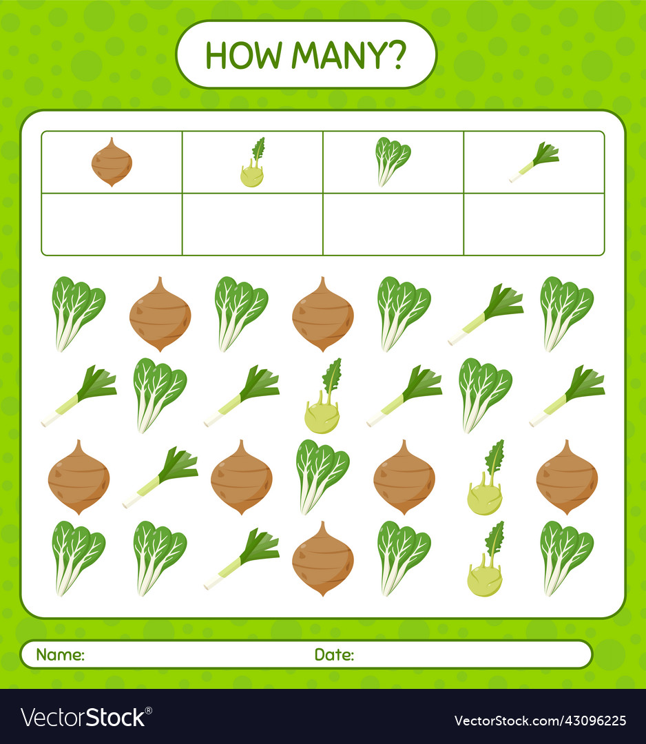 How many counting game with vegetables worksheet Vector Image How many counting game with vegetables worksheet