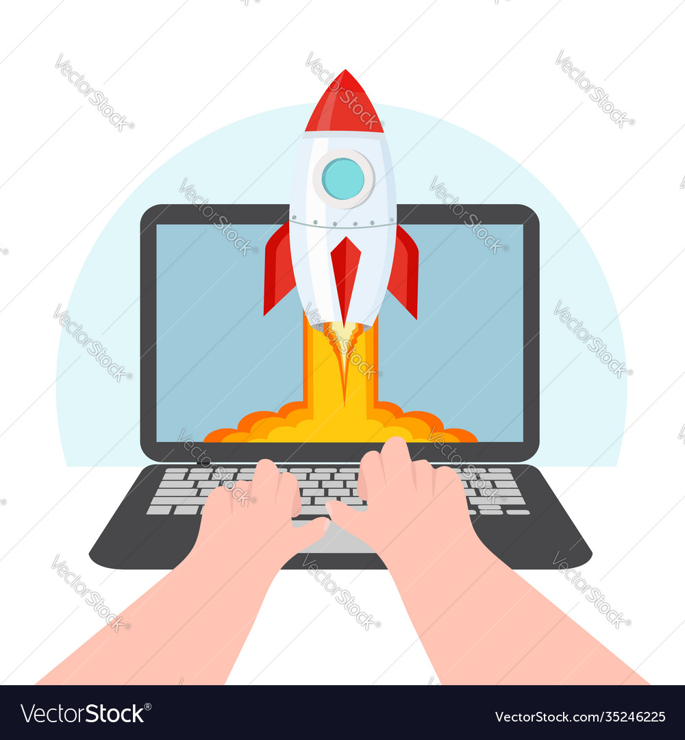 Laptop notebook with hand typing working launch vector image Laptop notebook with hand typing working launch