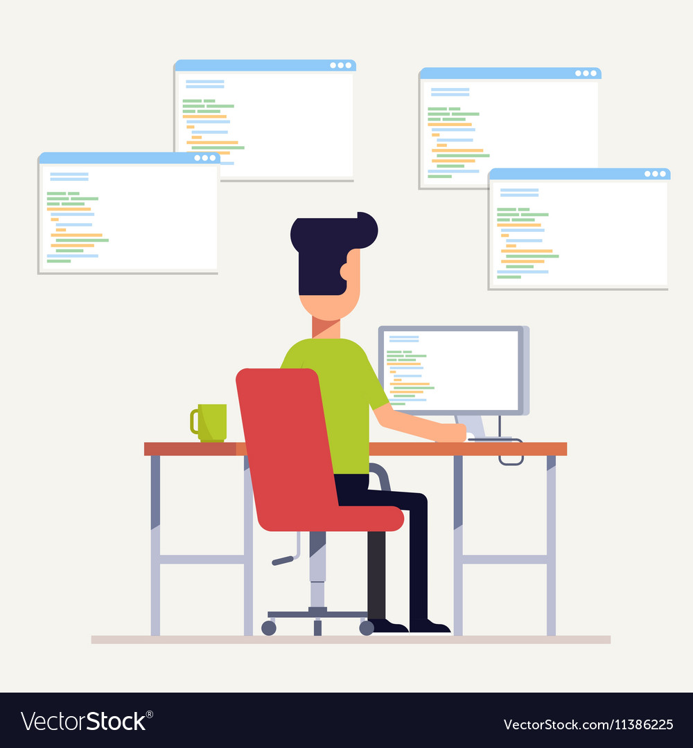Programmer writes code on the computer multi