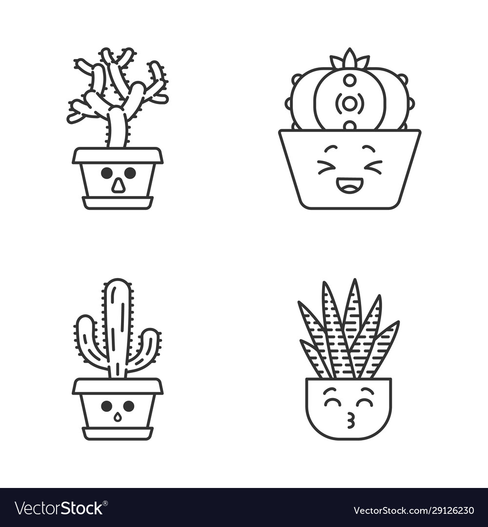 Cactuses cute kawaii linear characters Vector Image Cactuses cute kawaii linear characters