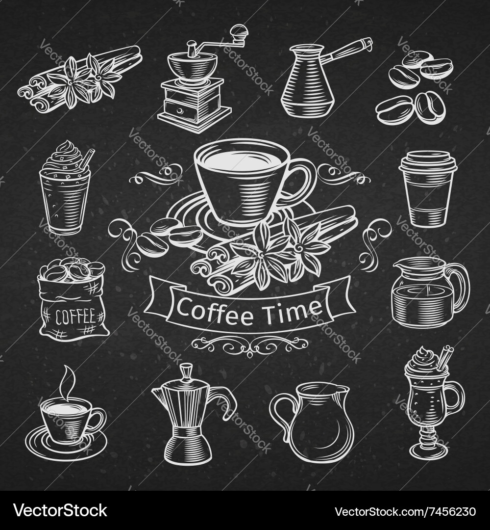 Set hand drawn decorative coffee icons Royalty Free Vector