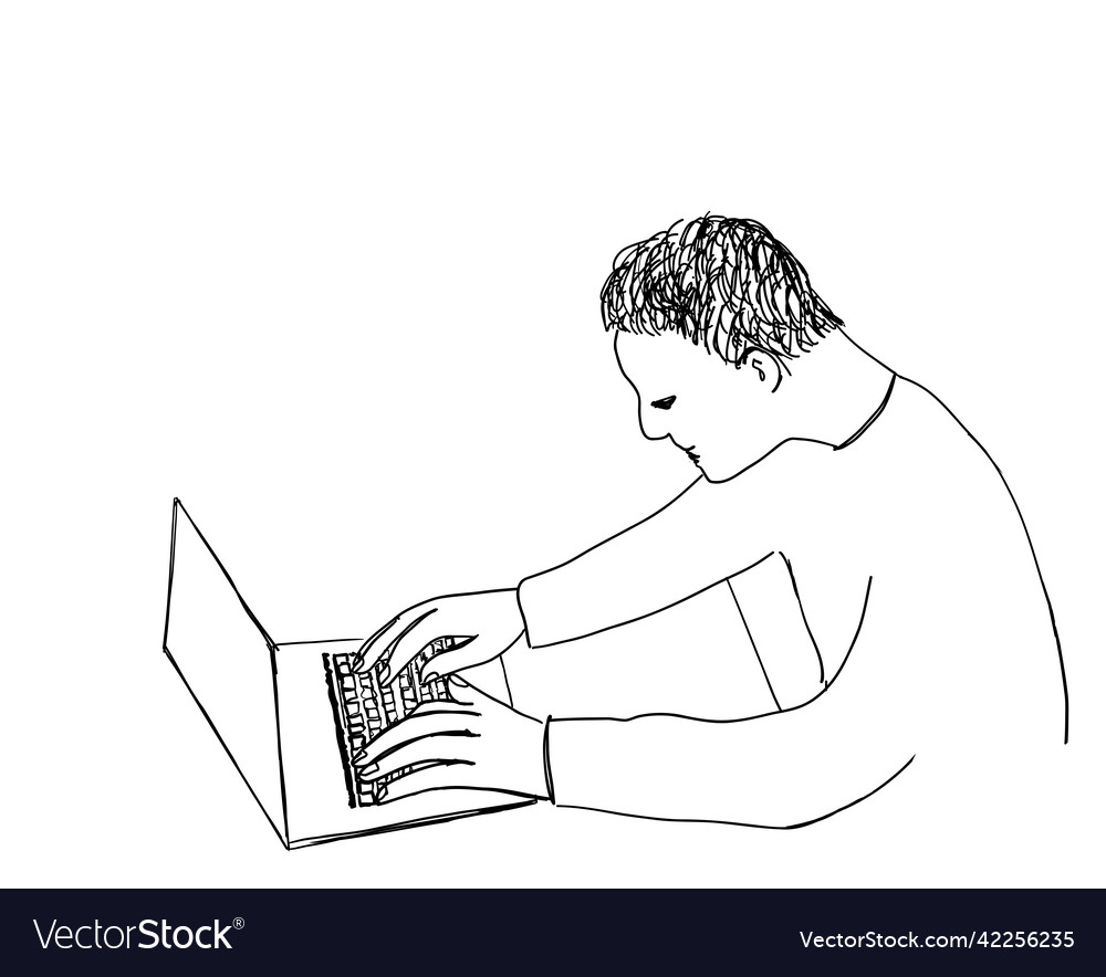 Sketch of man with computer hand drawn Vector Image Sketch of man with computer hand drawn
