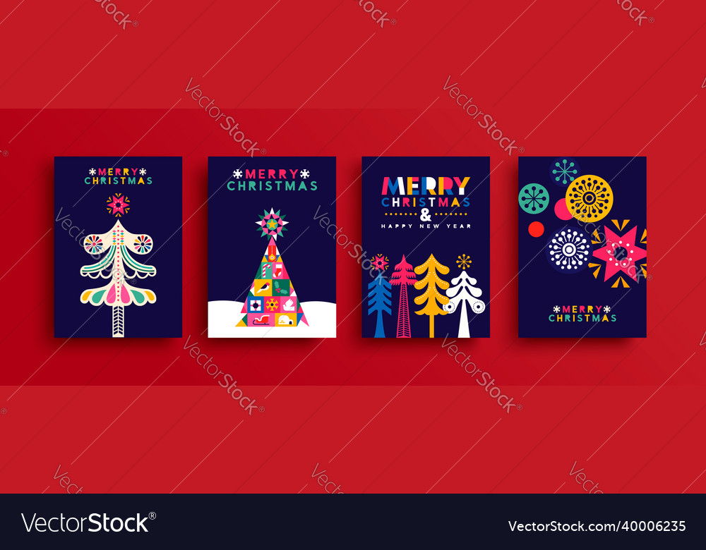 Year neon folk pine tree card set vector image Year neon folk pine tree card set
