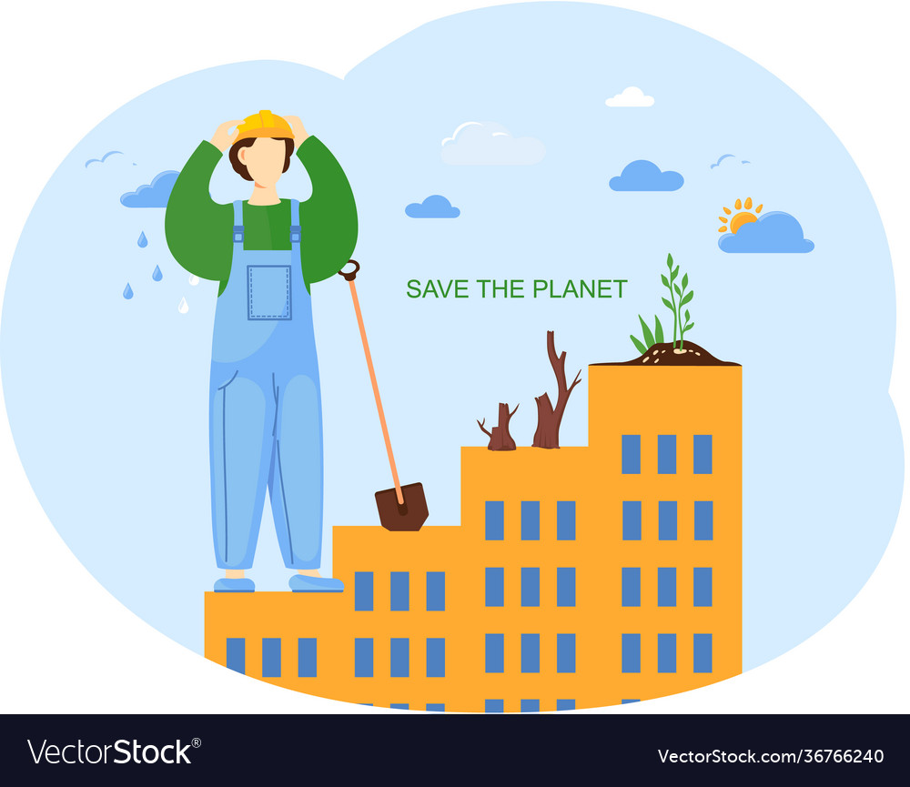 Save planet concept with man in worker s suit