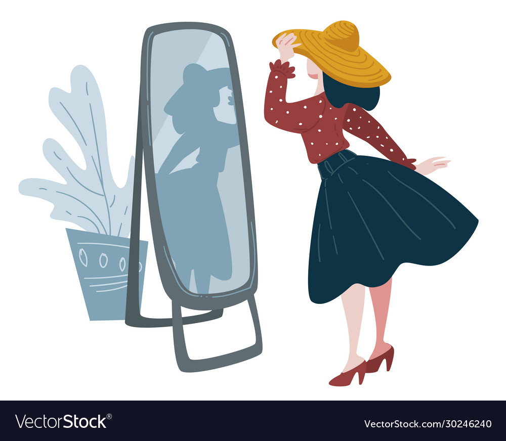 Woman trying on hat in front mirror fashion Vector Image