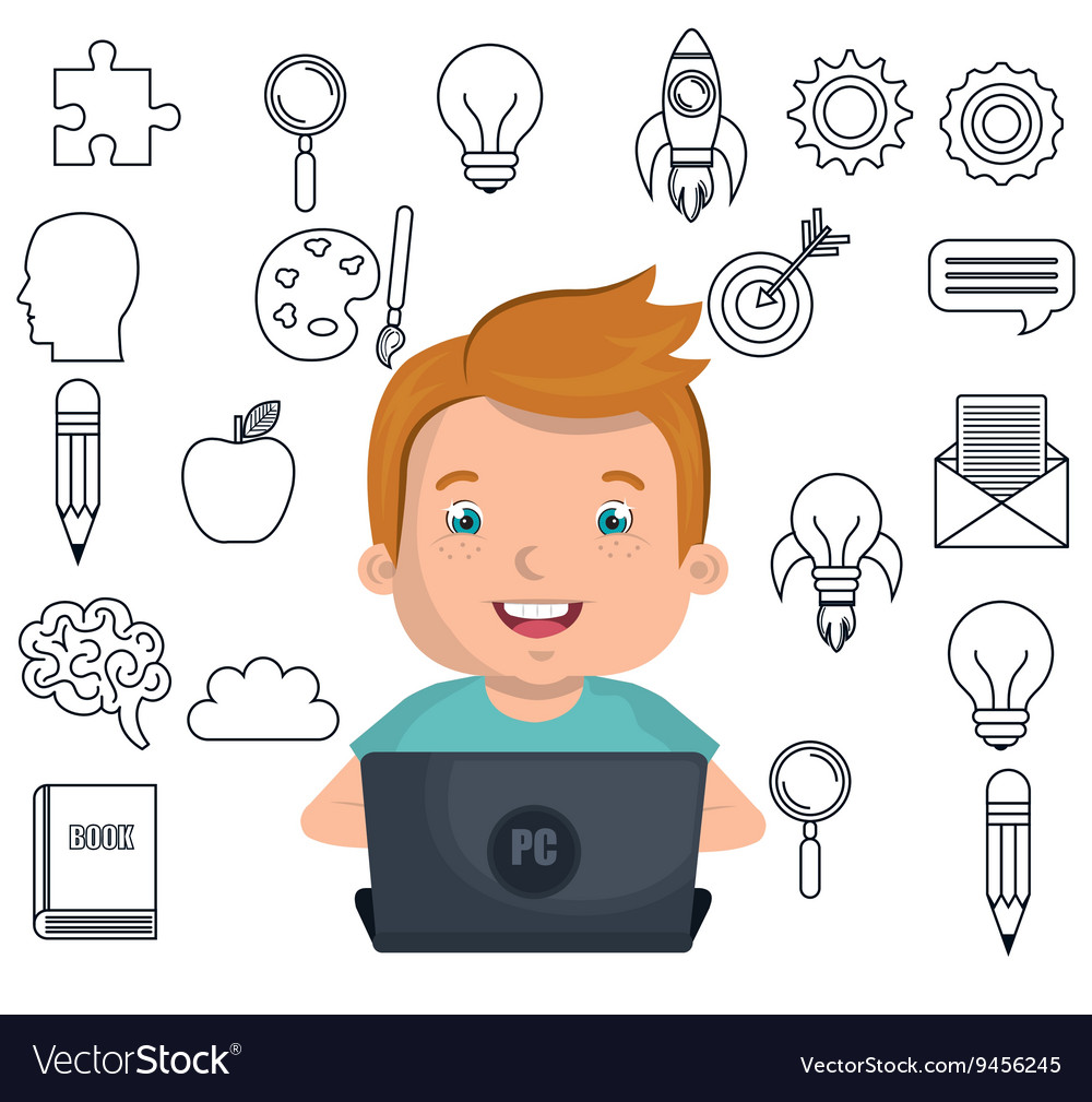 Boy studying online isolated icon design