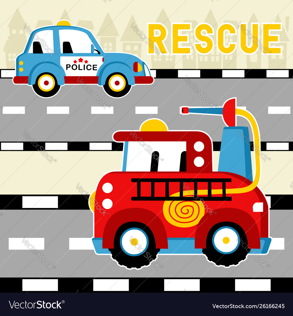 Rescue team cars cartoon in road Royalty Free Vector Image Rescue team cars cartoon in road Royalty Free Vector Image