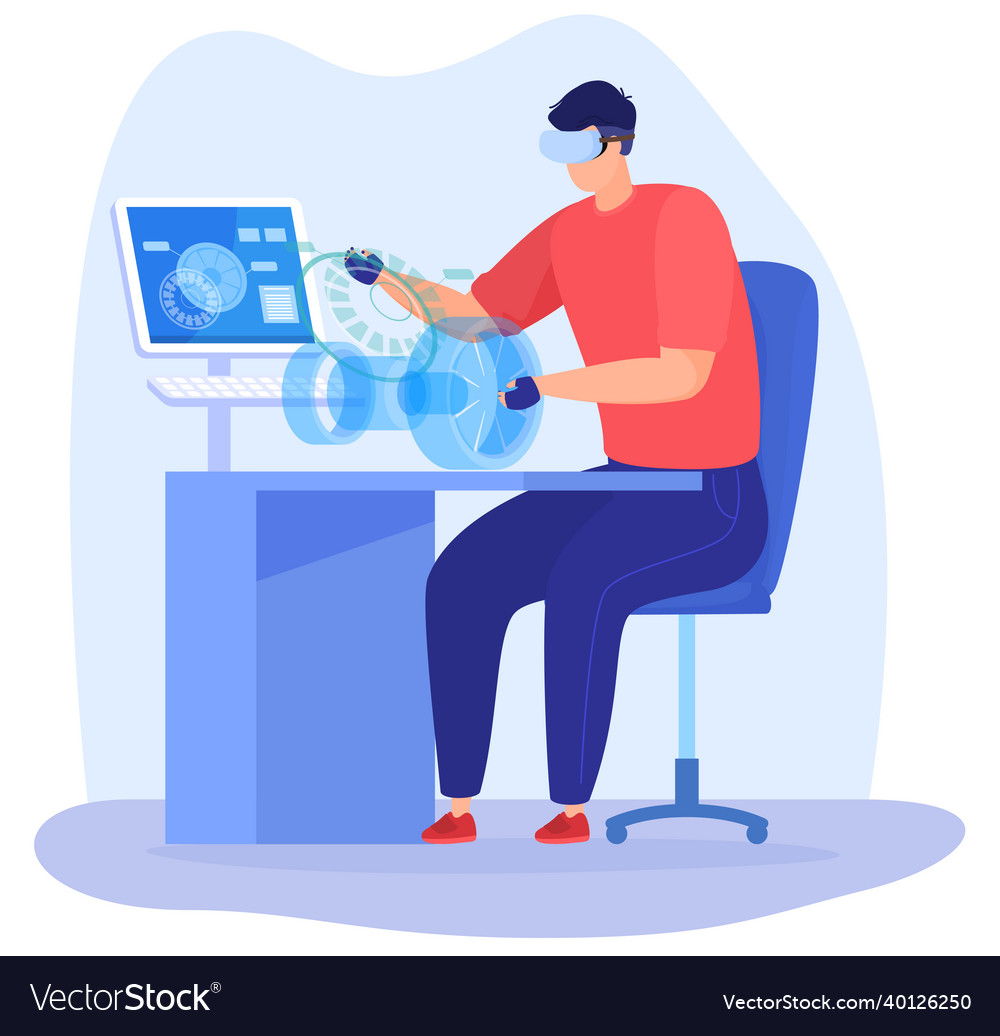 Engineer designs and develops parts using vector image Engineer designs and develops parts using