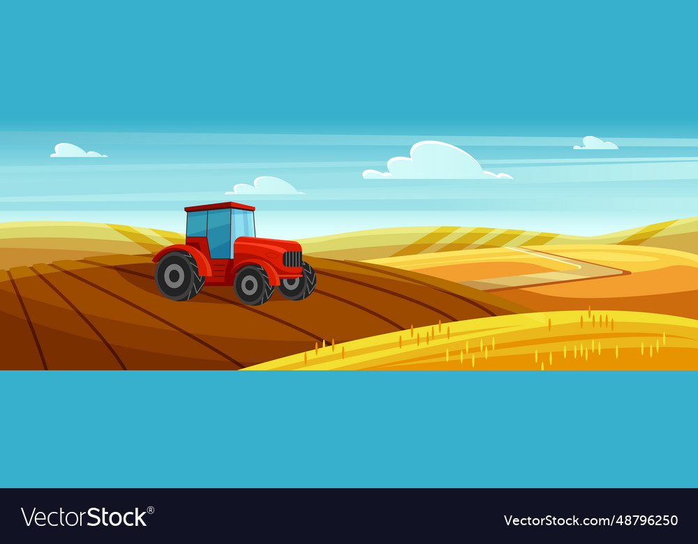 Farm tractor in village landscape agricultural Vector Image