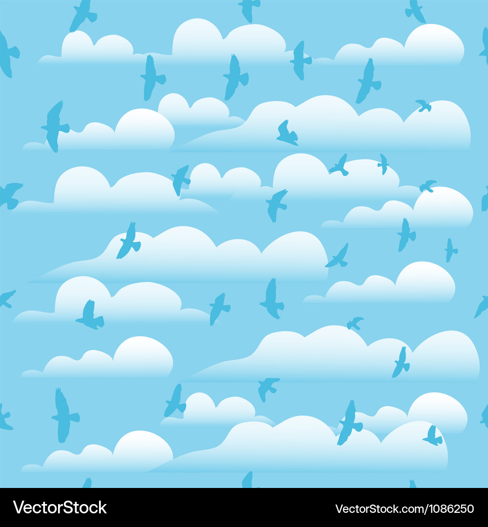 Flying birds on cloud blue sky seamless background