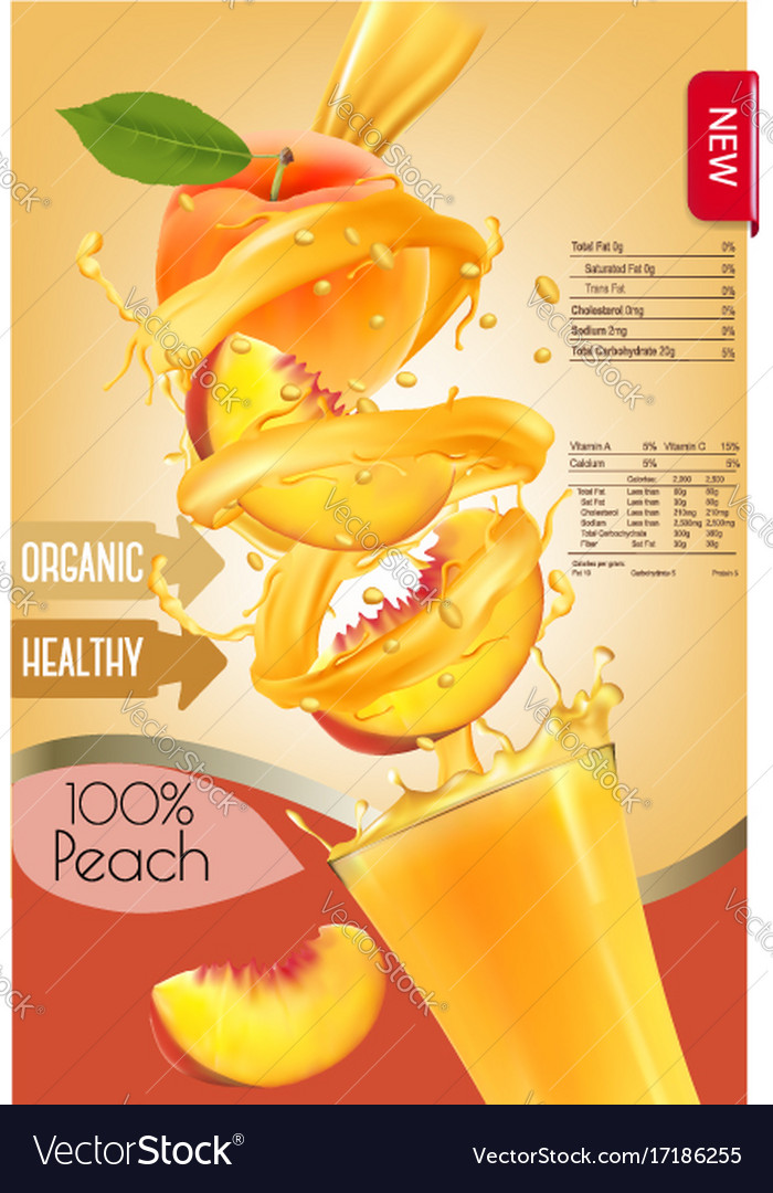 Label Of Peach Juice Splash In A Glass Design Vector Image