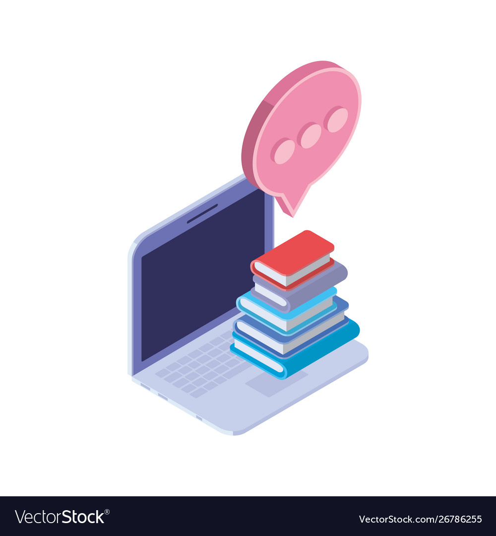 Laptop with stack books on white background