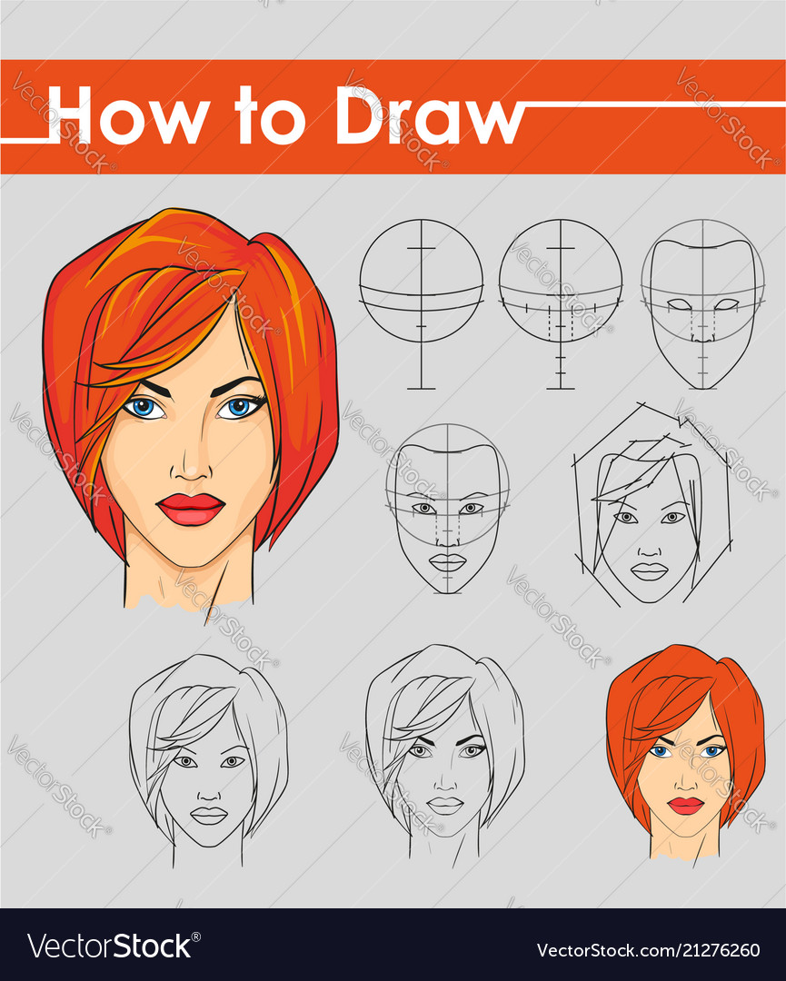 Draw Tutorial Step By Step Female Face Royalty Free Vector 