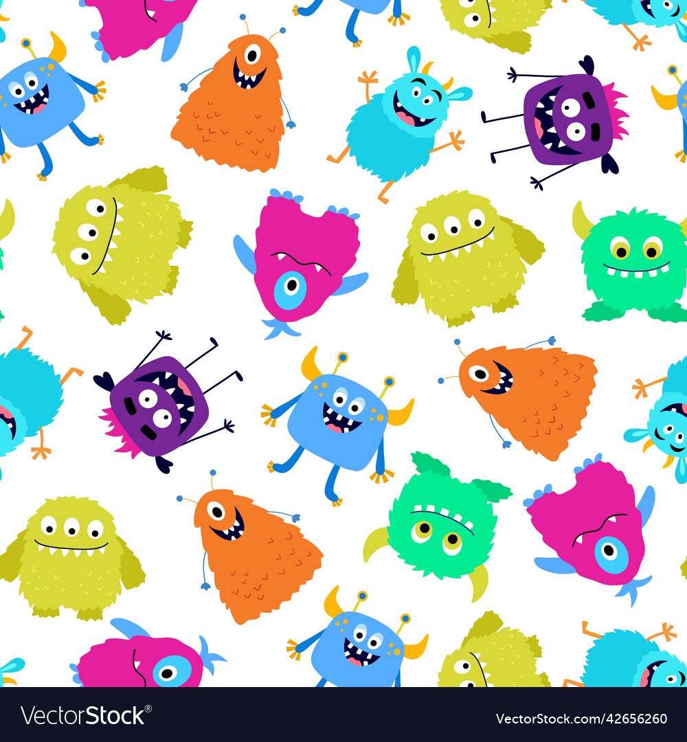 Seamless pattern with cute colorful monsters vector image Seamless pattern with cute colorful monsters