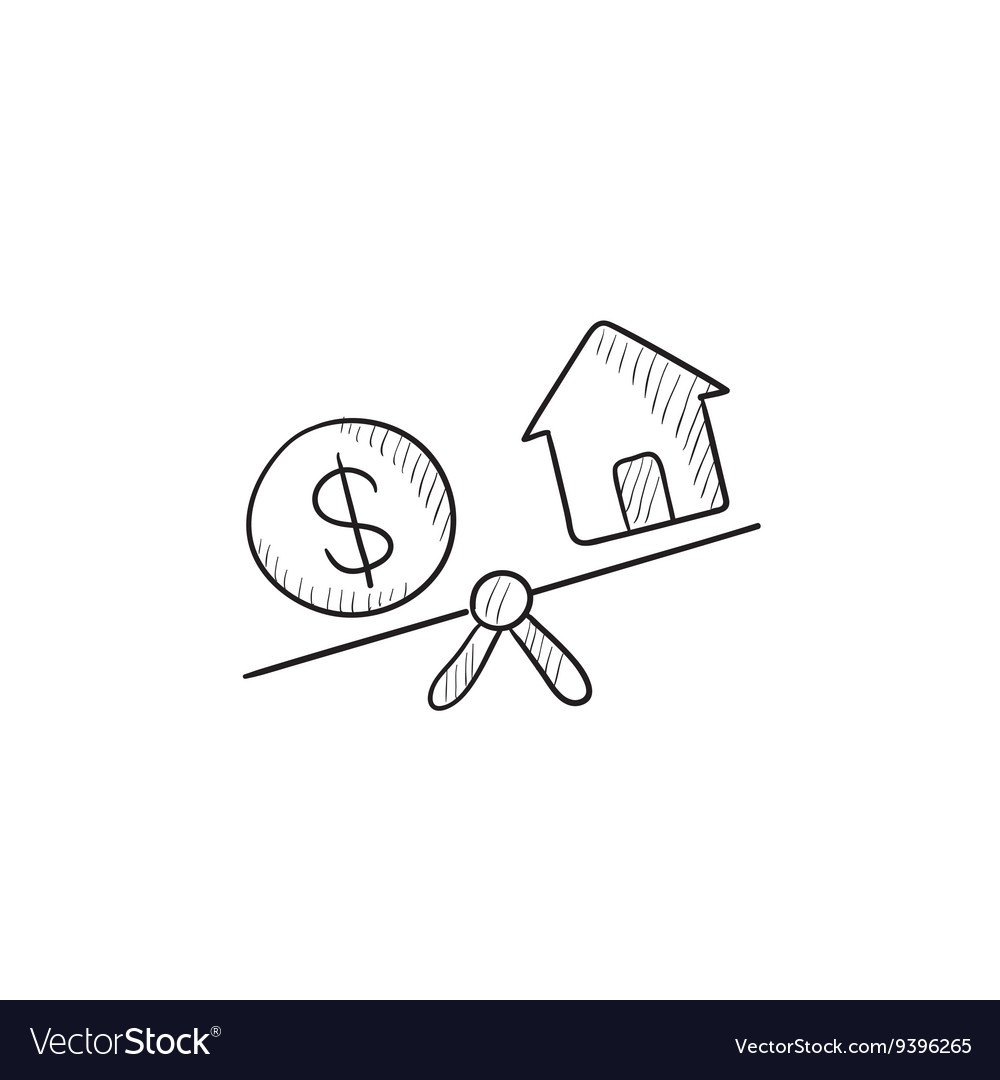 House and dollar symbol on scales sketch icon