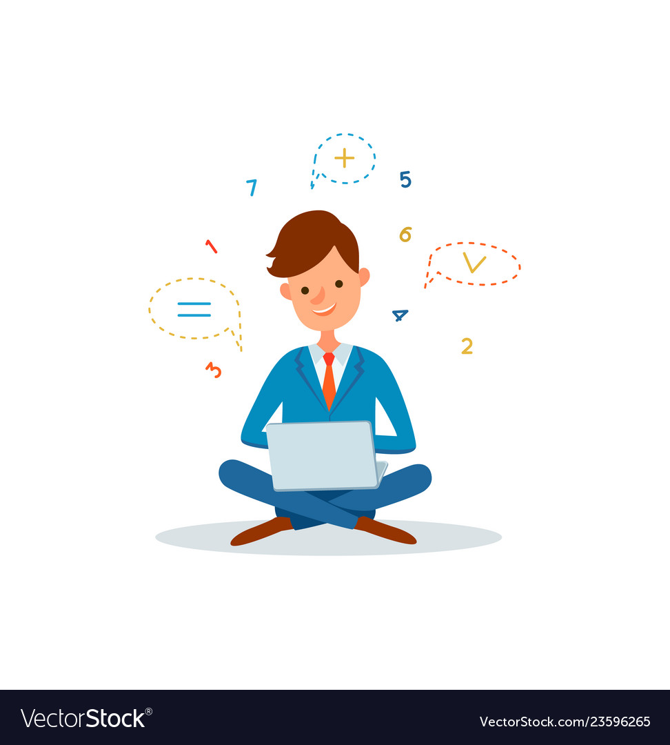Man working on laptop with numbers accounting vector image Man working on laptop with numbers accounting