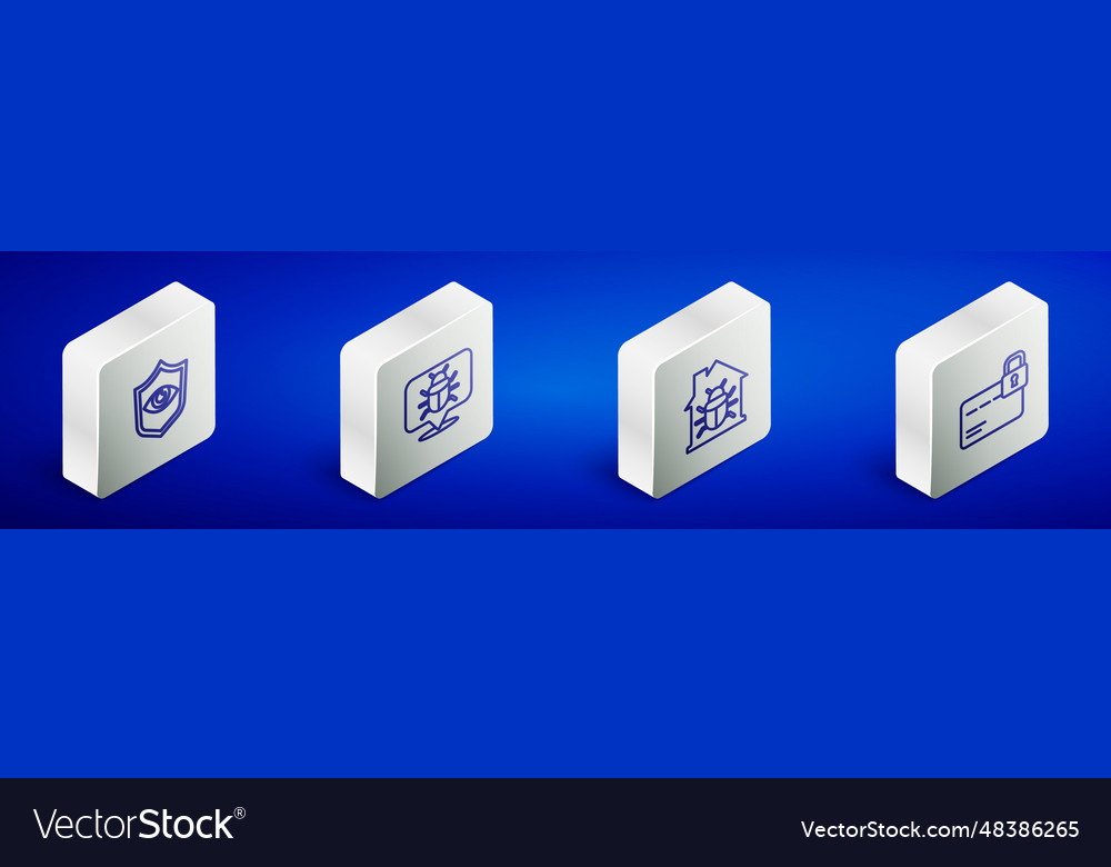 Set isometric line shield and eye system bug vector image Set isometric line shield and eye system bug