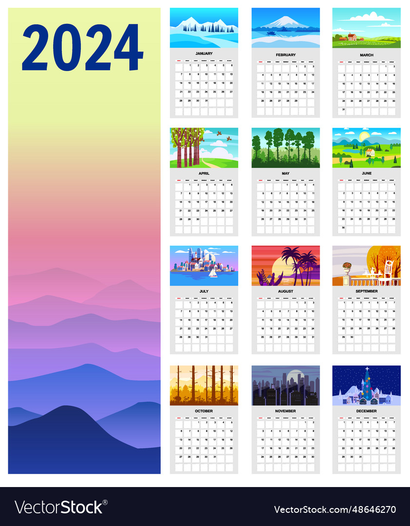 2024 wall calendar planner set of 12 minimalistic Vector Image