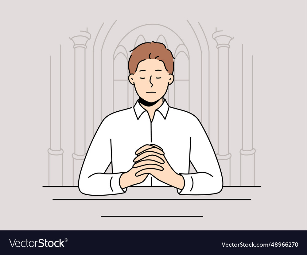 Man Praying Sitting On Bench In Temple Seeking Vector Image