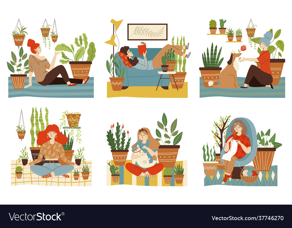 Set women in interior with house plants flat