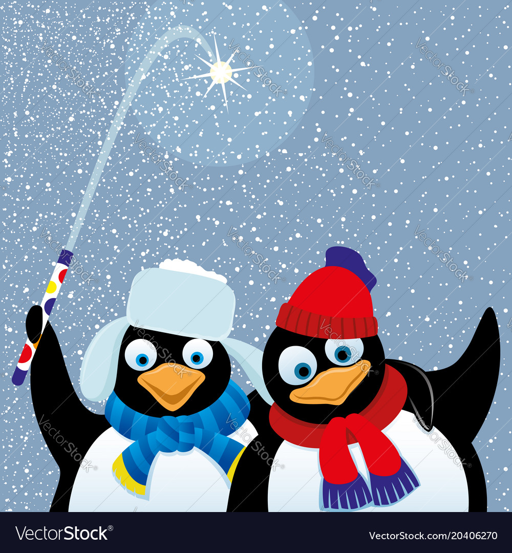 Two penguins with a fireworks Royalty Free Vector Image