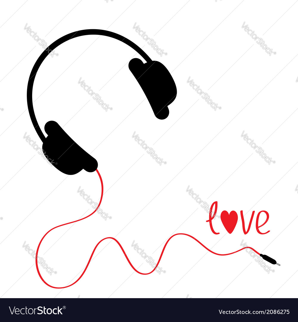 Black headphones with red cord Love card Vector Image