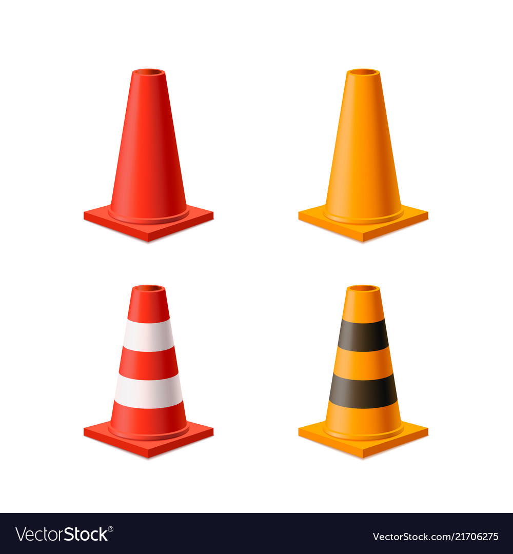 Set of bright yellow and red road cones isolated Vector Image