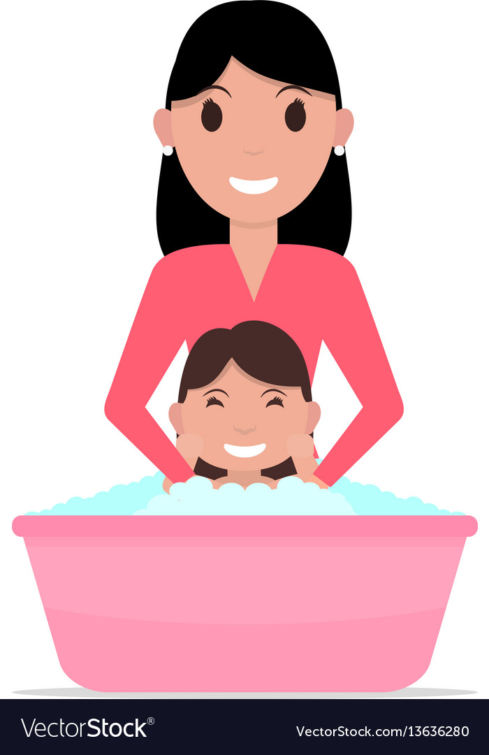 Cartoon mother bathes a baby